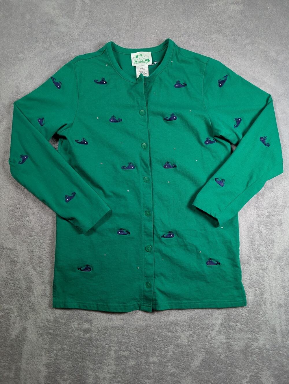 Quacker Factory Cardigan Womens Small Green Embroidered Holiday Novelty Stretch